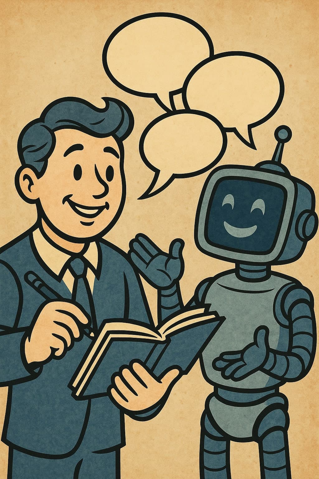 A person at a desk with a journal, noting different AI prompts and their results, with arrows showing the refinement process of prompt crafting