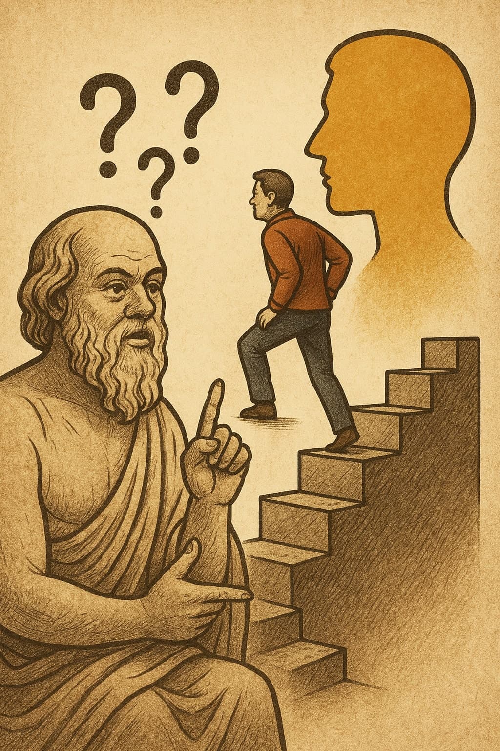 Ancient Greek philosopher Socrates engaging students in dialogue, with thought bubbles showing questions leading to deeper insights